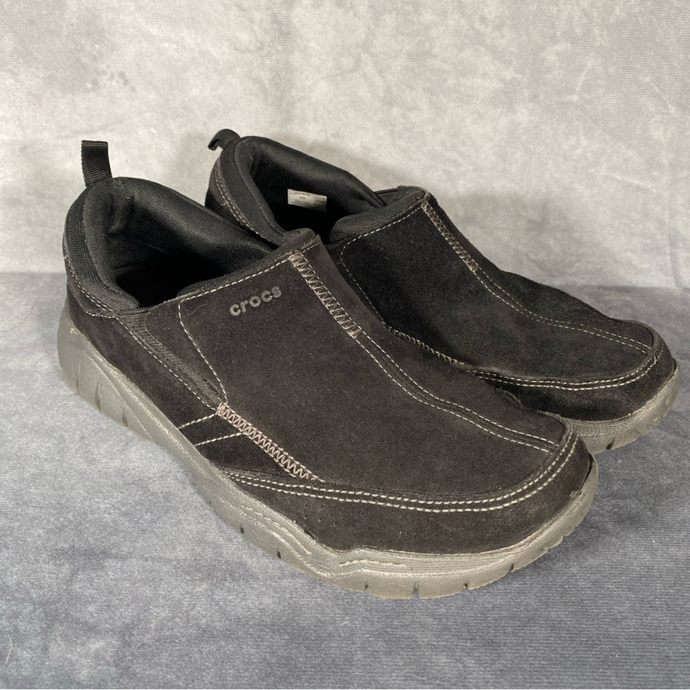 Crocs Swiftwater Mens 10 Black Suede Leather Slip On Loafer Shoes Casual Comfort